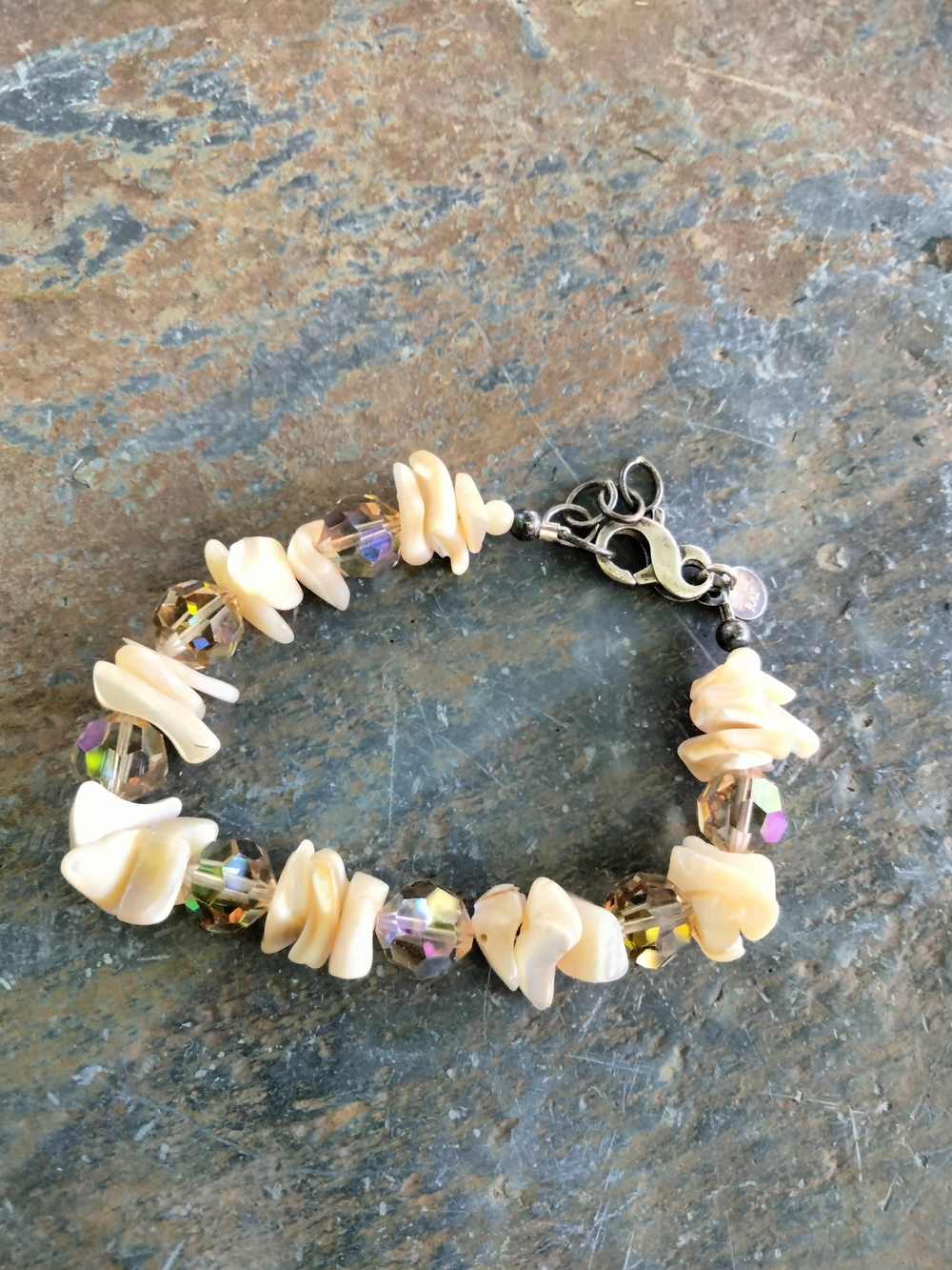 Emily Ray Sterling Silver Cream Shell & Aurora Crystal Beaded Bracelet